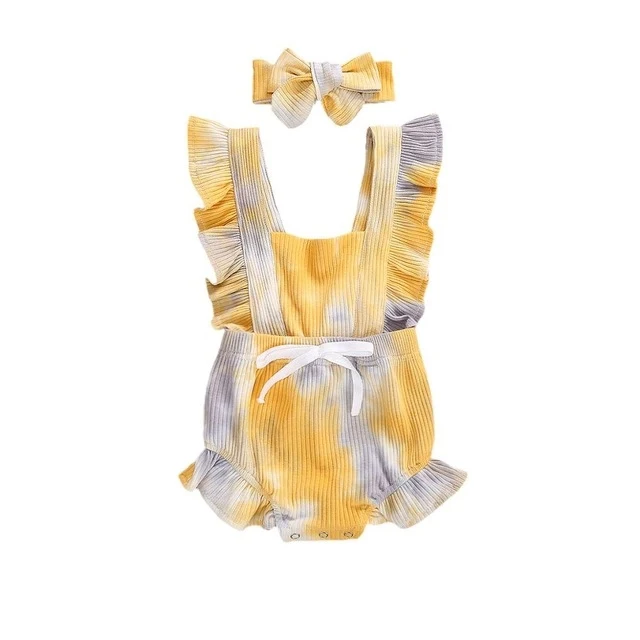 Tie-Dye Romper Tulum Bandana ve Fırfırlı Bebek Takımı. Rahat ve şık Jumpsuit. Oyun oynarken ve gezerken konfor. Yazlık giyim.