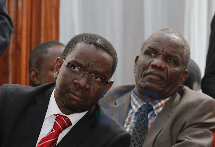 Kisumu County Speaker Onyango Oloo and Lake Basin Development Authority Managing Director Peter Aguko Abok during the Anti-Corruption case hearing of the Lake Basin Mall scandal at the Milimani Law Courts on Monday, September 9,2019