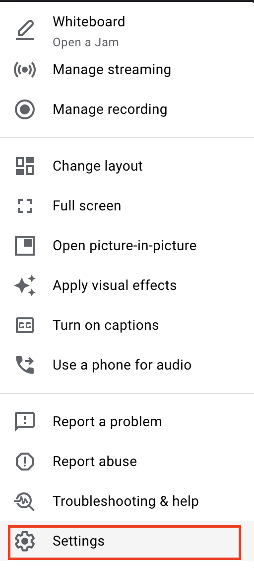 Google Meet three dot menu displayed with Settings selected shown with box around it.