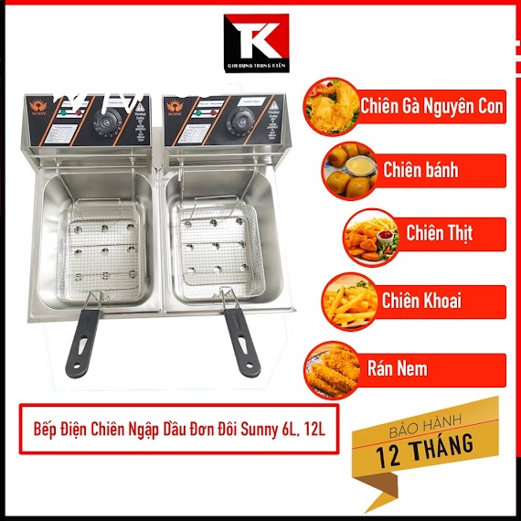 Bếp Chiên Nhúng Điện Đơn Inox Sunny Dung Tích 6L, Bếp Chiên Ngập Dầu Đôi Dung Tích 12L Chất Liệu Inox - Bảo Hành 12 Tháng