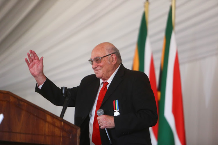 Anti-apartheid activist and former minister Ronnie Kasrils delivers a tribute to Aziz Pahad at Westpark Cemetery on September 30 2023.