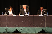 Advocate Pingla Hemraj with retired judge Ian Farlam and Advocate Bantubonke Tokota during a sitting of the Marikana Commission of Inquiry. File photo.