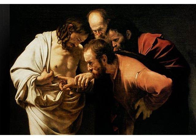 Michelangelo Merisi da Caravaggio “Incredulidade de Tomas”, óleo sobre tela 107 x 146, Bilder Gallerie. Potsdam Alemanha.