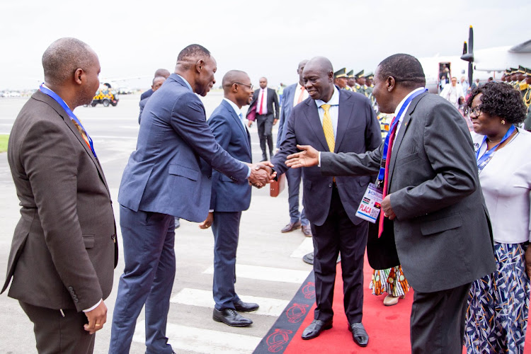 Deputy President Rigathi Gachagua is received at the Quarto de Fevereiro International Airport in Luanda, Angola on Thursday November 8 by Kenya’s Ambassador and Head of Mission Clement Nzomo, Ambassador Bitange Ndemo of Brussels and top Angola Government officials.