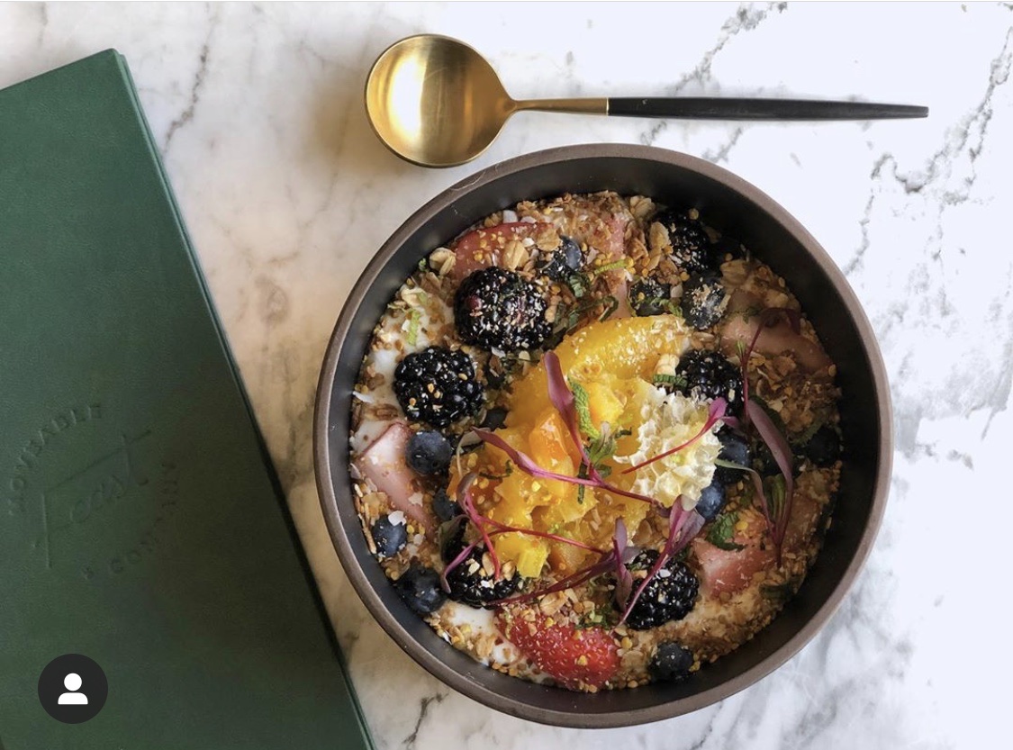 nut + seed granola, preserved orange, honeycomb, fresh berries, + mint