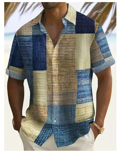 Sommer Herren Streifen Feder Casual Strand Kurzarm Hemd mit Knopfverschluss, leicht und luftig für den Urlaub.