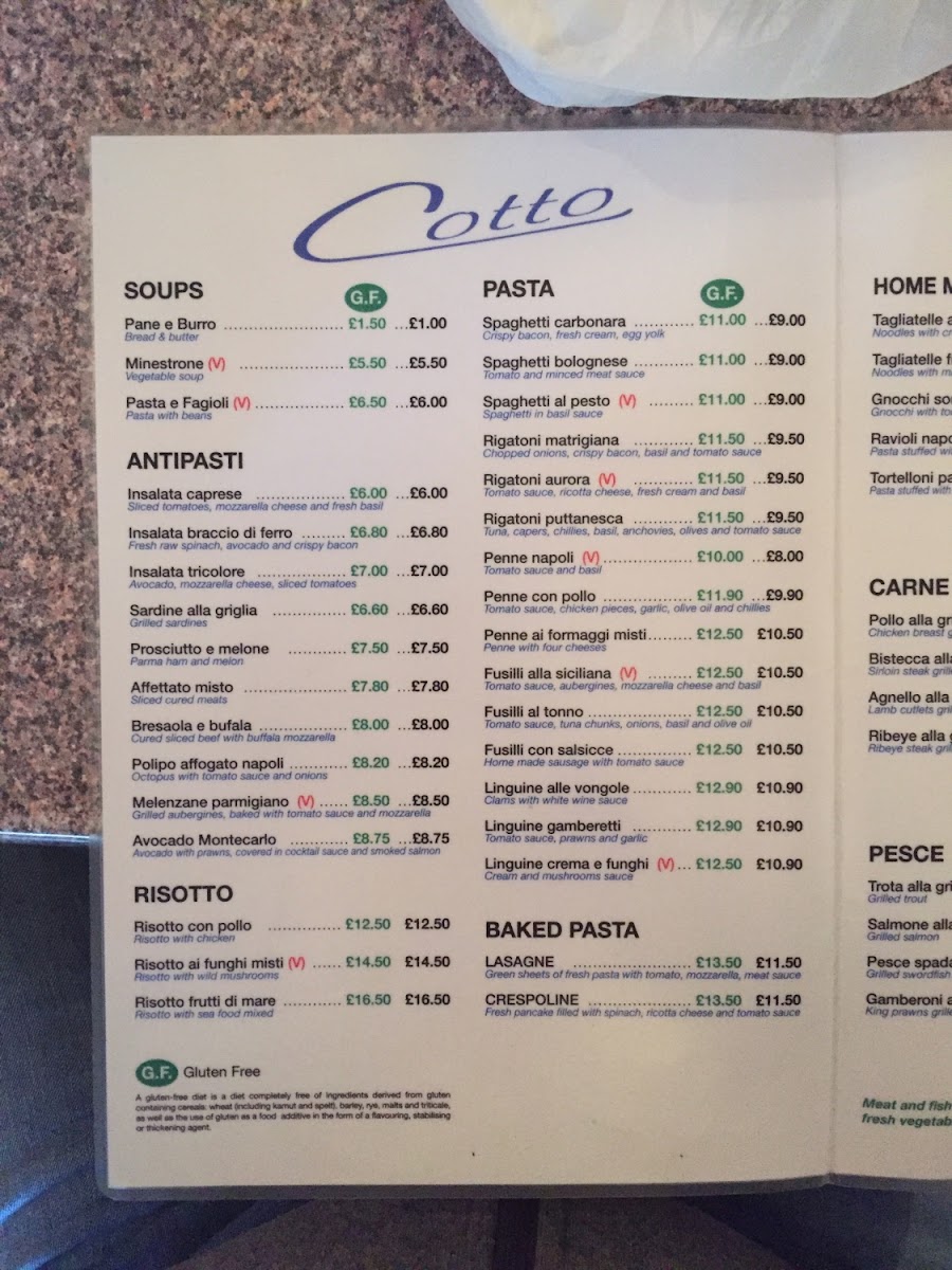 Cotto gluten-free menu