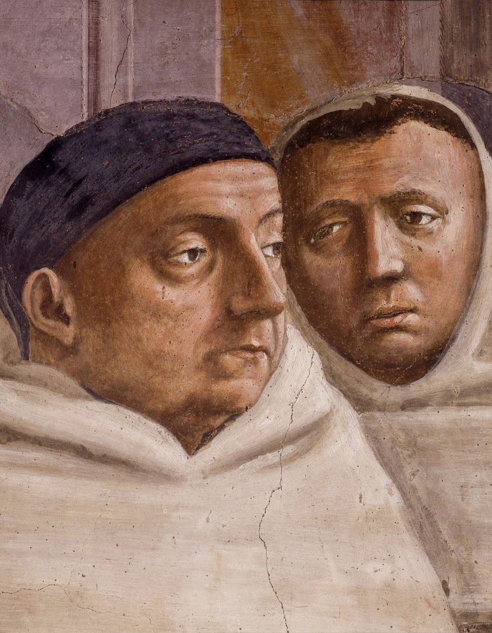 Masaccio e Filippino Lippi, Resurrezione del figlio di Teofilo e san Pietro in cattedra (particolare due Carmelitani, siedono di fronte a Pietro sul pulpito, a sinistra forse un ritratto di Filippo Lippi), Cappella Brancacci, Santa Maria del Carmine, Firenze