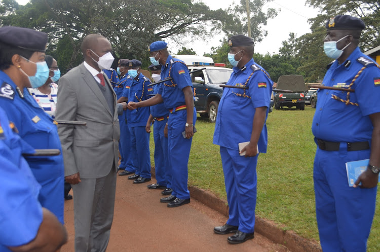 NPSC commissioner John Ole Mayaki at Kakamega police station grounds during the launch of the medical assessment exercise.