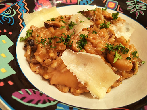 Rice dish with shaved cheese on top in a bowl.