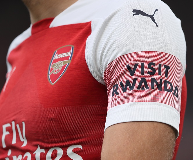 Reports suggest the 'Visit Rwanda' sleeve sponsorship with Arsenal is worth £10m a year. Picture: AMA/GETTY IMAGES/MATTHEW ASHTON