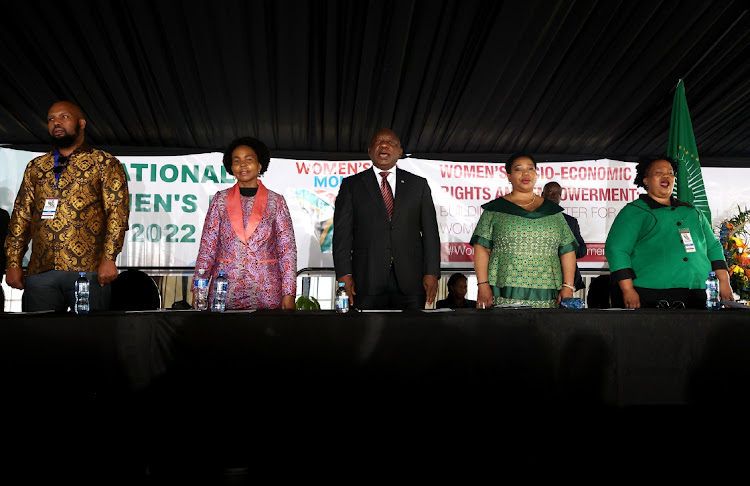 President Cyril Ramaphosa, flanked by minister of women, youth and persons with disabilities Maite Nkoana-Mashabane and KZN premier-designate Nomusa Dube-Ncube at a Women's Day celebration in Richmond near Pietermaritzburg. Photo: SANDILE NDLOVU