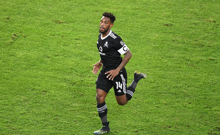 Thulani Hlatshwayo of Orlando Pirates during the CAF Confederation Cup match against Enyimba at Orlando Stadium on March 17 2021 in Johannesburg.