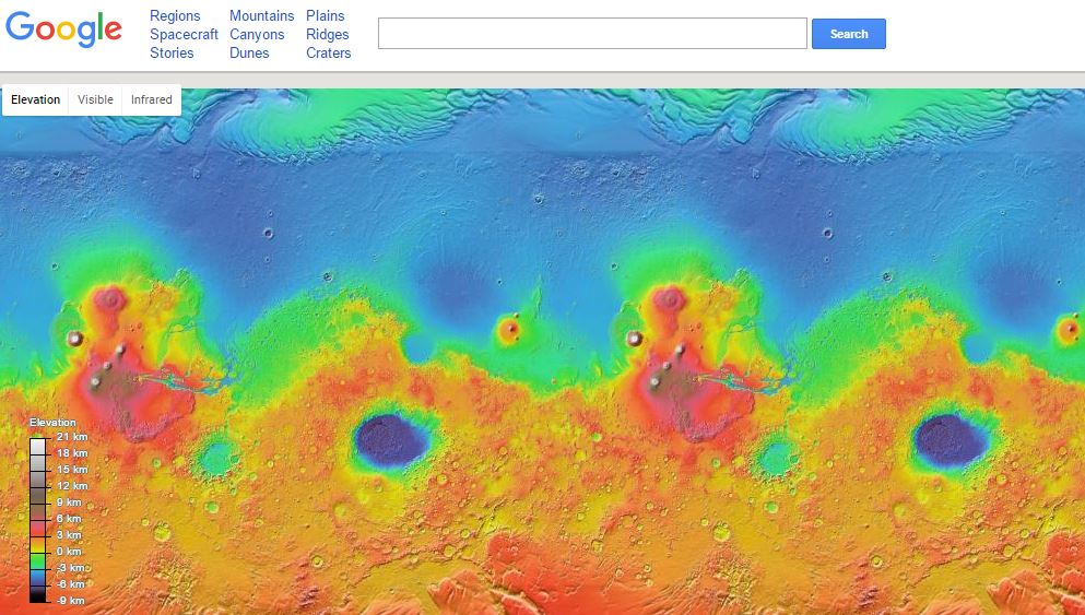 Screenshot of Google Mars interface, with a topographical map of the surface of Mars.