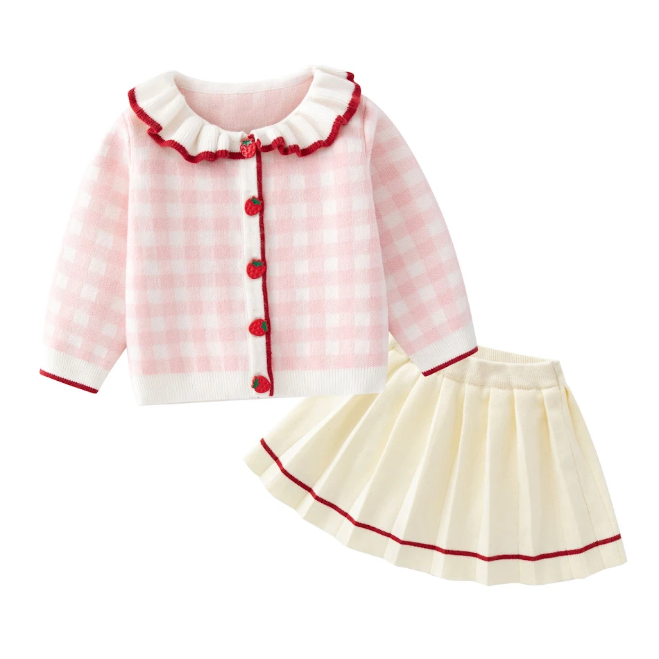 Ensemble automne pour bébé fille 1-3 ans, cardigan en coton tricoté à carreaux et jupe beige. Idéal pour l'automne, confortable et chic.