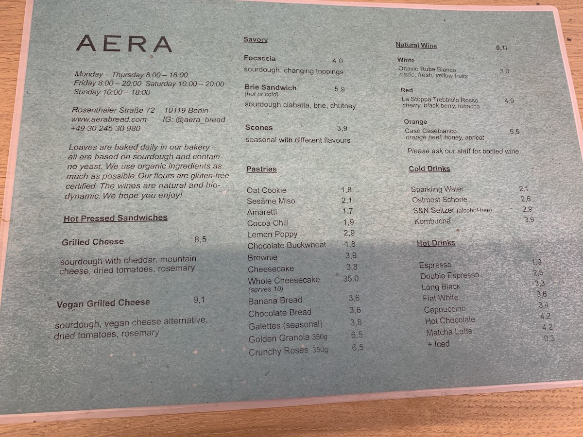 AERA gluten-free menu