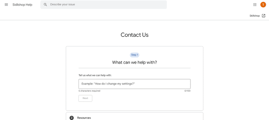 Image shows short moving video of how to change the locale from the contact us page and the banner that will appear if your language is not supported by Skillshop’s support team.