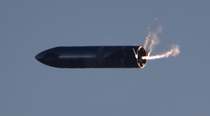 Test flight of SpaceX's first super heavy-lift Starship SN8 rocket after it launched from their facility in Boca Chica, Texas US on December 9 2020.