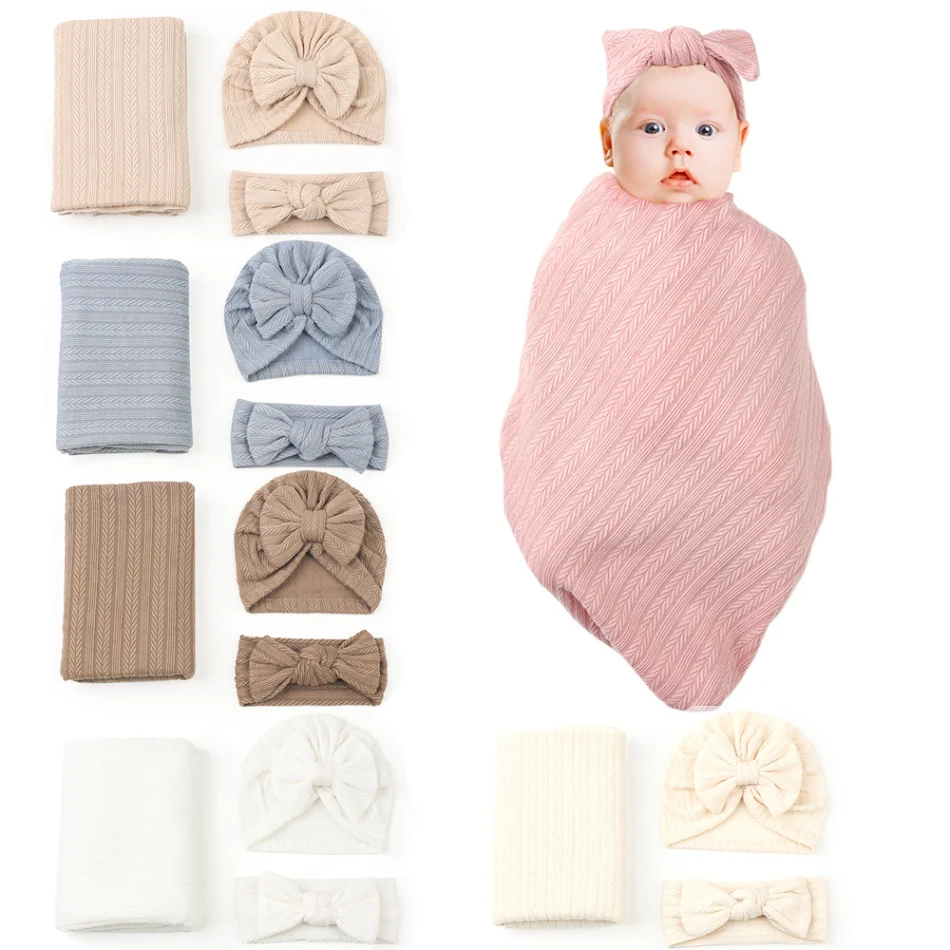 Ensemble 3 pièces pour nouveau-né, couverture enveloppante en coton polyester, motif blé uni, doux et confortable pour bébé