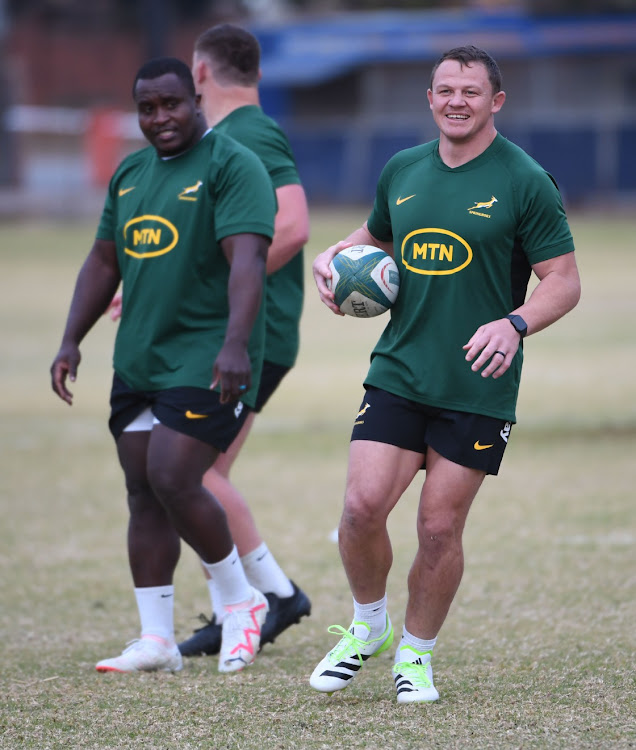 Deon Fourie and Trevor Nyakane share a joke during a Bok training session at Loftus Versfeld in Pretoria last month