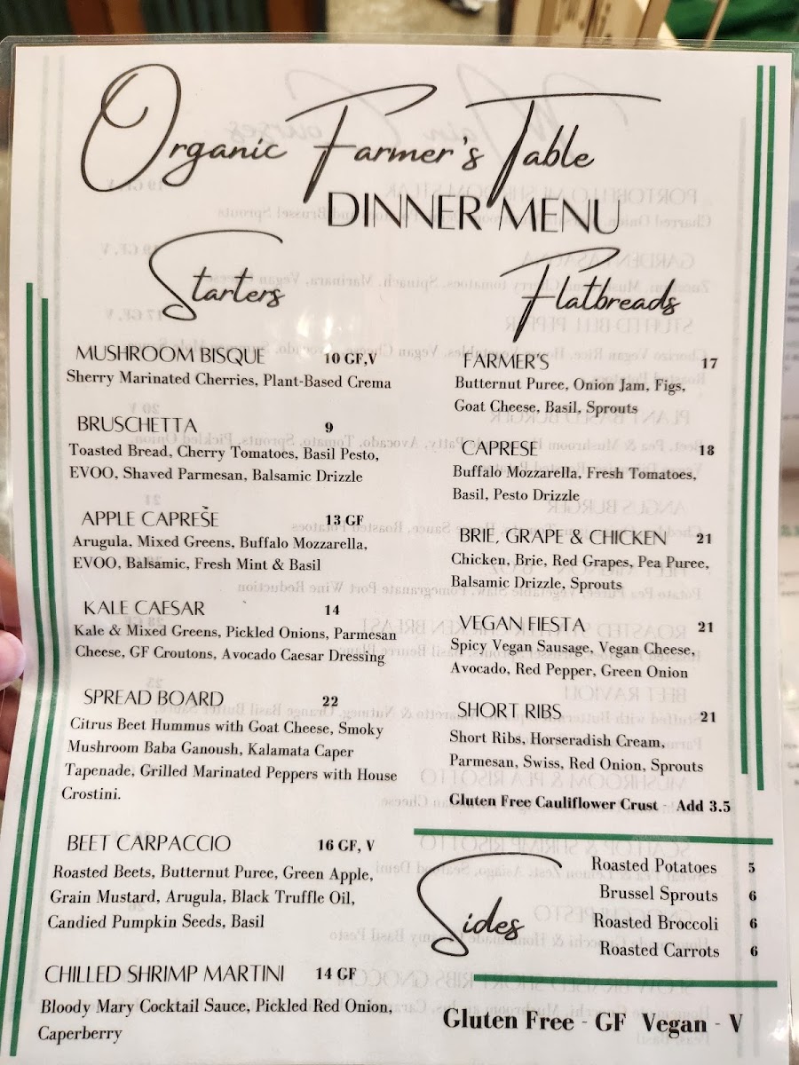 Organic Farmer's Table gluten-free menu