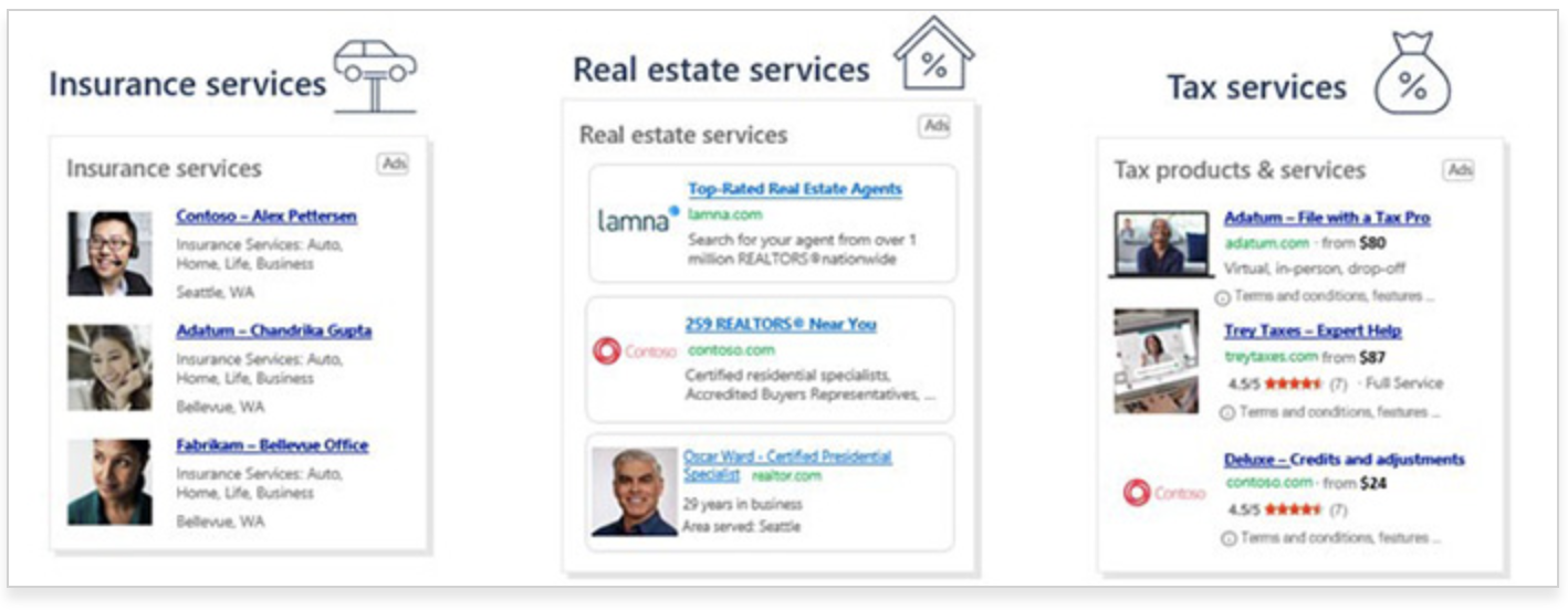 Microsoft Vertical Ad examples for (left to right) Insurance services, Real estate services, and Tax services