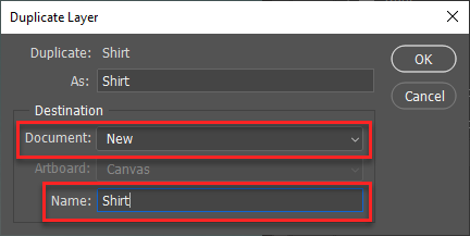 Duplicate the layer as a new document with the name Shirt and click OK