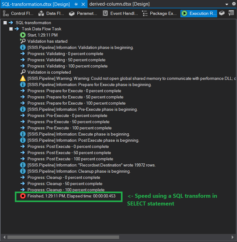 Execution results using SQL transform instead of an SSIS Derived Column.