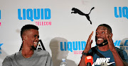 Anaso Jobodwana, left, and  Justin Gatlin share laughter ahead of their  Athletix Grand Series clash  tonight.  