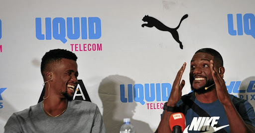 Anaso Jobodwana, left, and Justin Gatlin share laughter ahead of their Athletix Grand Series clash tonight.