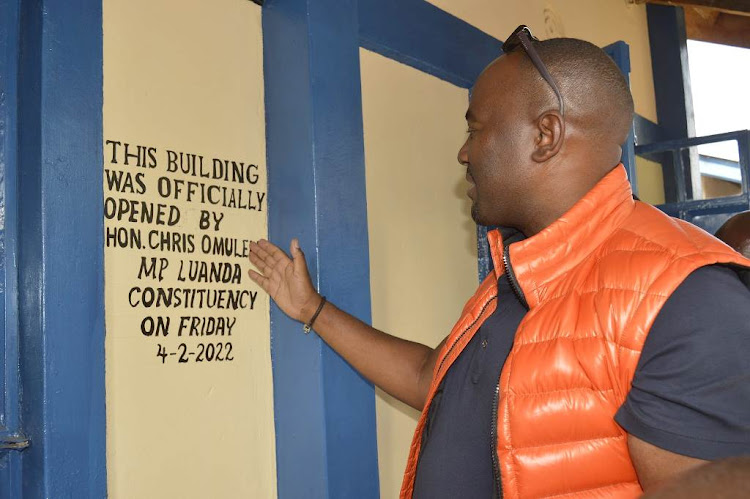 Luanda Mp Chris Omulele while commissioning a new class in his constituency.