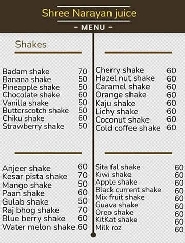 Shree Narayan Juice menu 