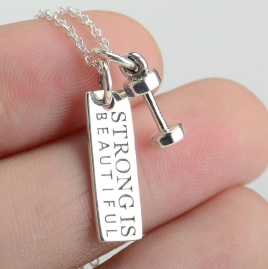 S925 Sterling Silver Fitness Necklace Dumbbell Pendant. A stylish and motivational accessory for fitness enthusiasts. Pe