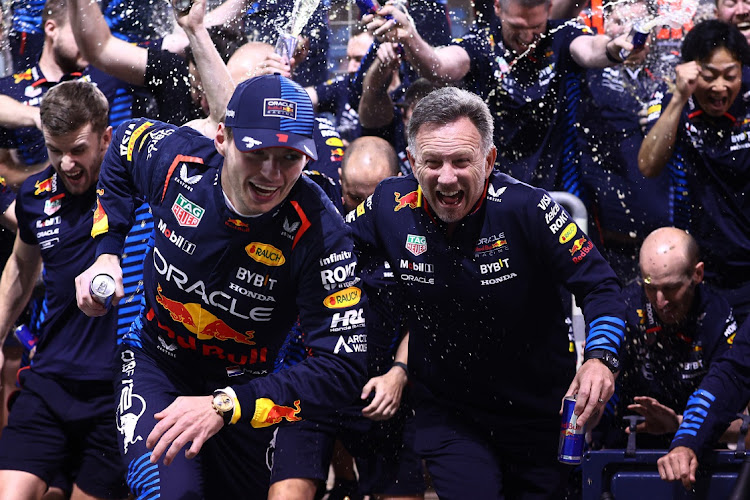 Race winner Max Verstappen of the Netherlands and Red Bull boss Christian Horner celebrate after the F1 Grand Prix of Bahrain at Bahrain International Circuit in Bahrain, March 2 2024. Picture: CLIVE ROSE/GETTY IMAGES