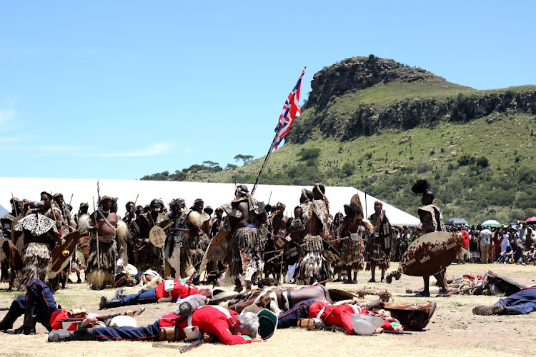 A re-enactment of the defeat of the British soldiers by Zulu warriors who seized a British flag to present to King Cetshwayo kaMpande..