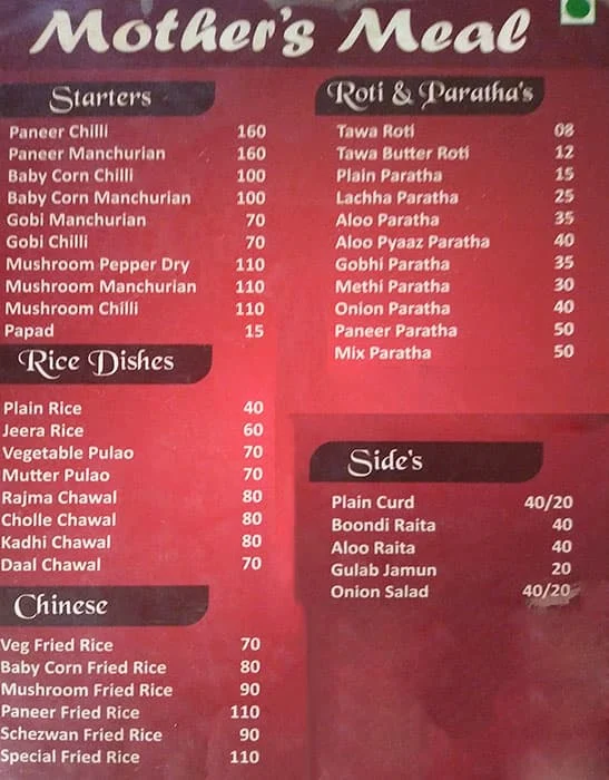 Mother's Meal menu 