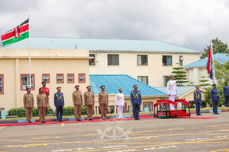 Chief of Defence Forces (CDF) General Charles Kahariri with other KDF members during a change of guard at the DoD in Nairobi on May 7, 2024.