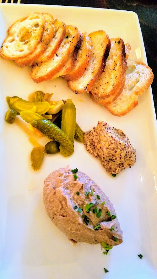 Verdigris Duck Liver Mousse Pickled Vegetables, Whole Grain Mustard, Crostini