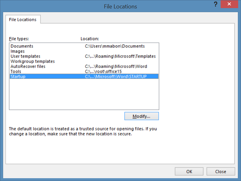 Startup folder location appears on list of Word File Locations