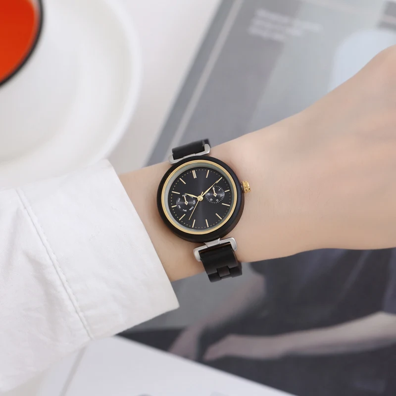 Title 6, Round Analog Ebony Wood Quartz Watch, experienc...