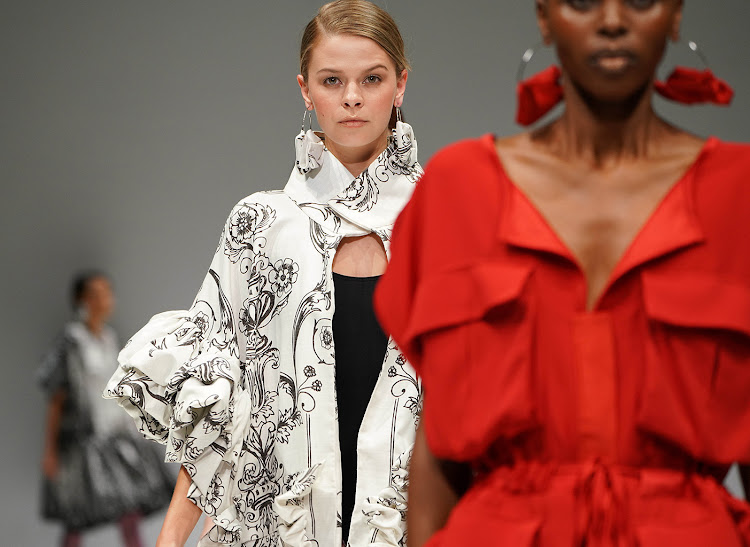 Models walk in the Mantsho by Palesa Mokubung Fashion Show on Day One of South Africa Fashion Week 2019 Luxury Collection at Sandton City on April 03, 2019 in Sandton, South Africa.