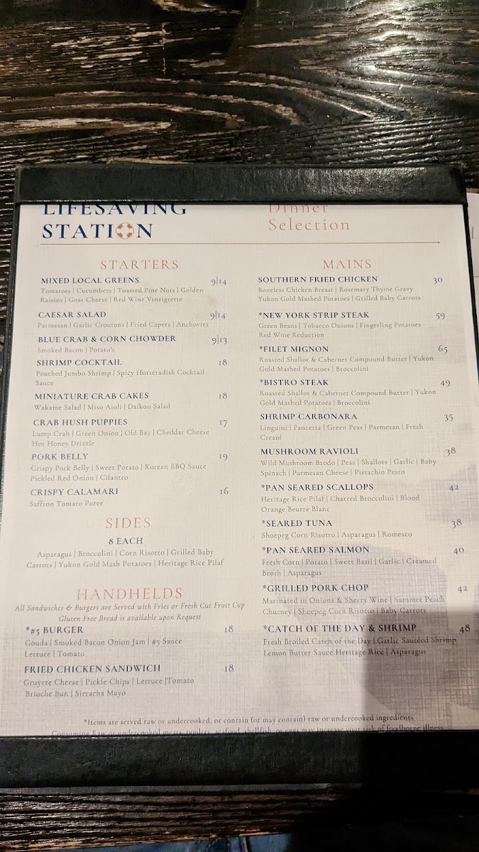 Life Saving Station Restaurant gluten-free menu