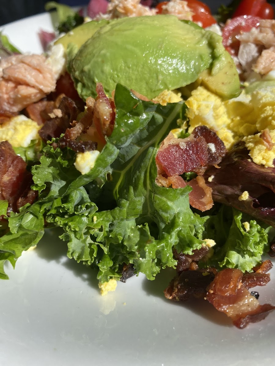 Delicious Cobb salad with smoked salmon.  Modified the dressing to be GF and it was fabulous!