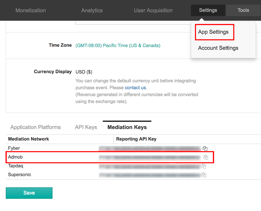 Ejemplo de ajustes de aplicaciones de Tapjoy.