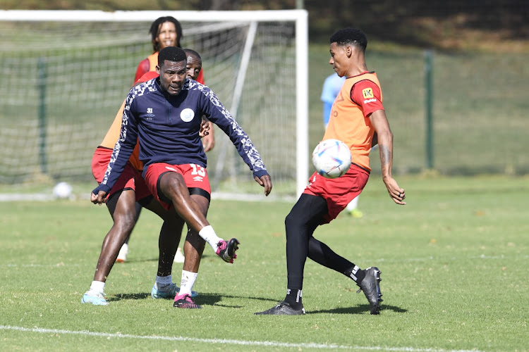 Thamsanqa Gabuza,Kegan Johannes and Siyabonga Nhlapo of SuperSport United during the SuperSport United media day at Megawatt Park on May 09, 2023 in Johannesburg.