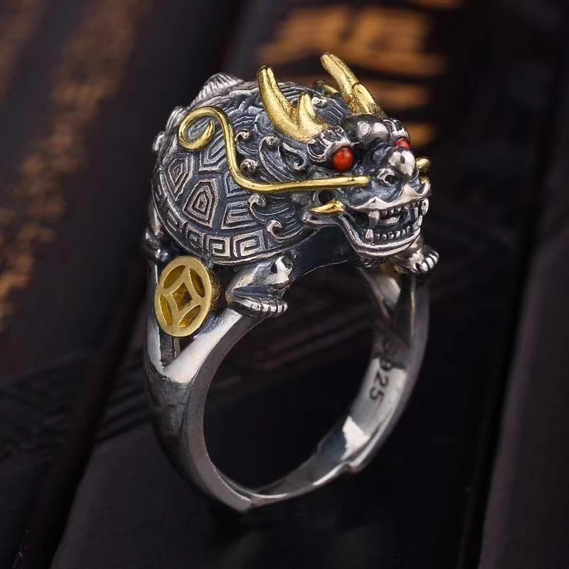 Heren vintage open sculptuur Draken Schildpad ring, een symbool van lang leven, wijsheid en geluk.