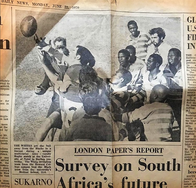 A newspaper clipping from 1970 about a "multiracial intervarsity" between a white invitational team from Howard College and the black students from the University of Natal in Durban's medical school. A young Steve Biko can be seen in the back on the right.