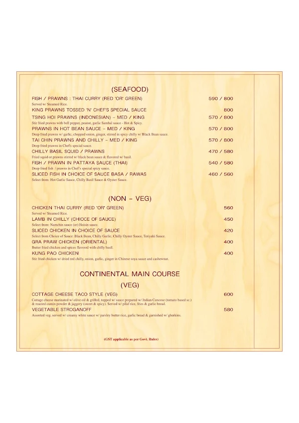 Pancharatna Restaurant menu 