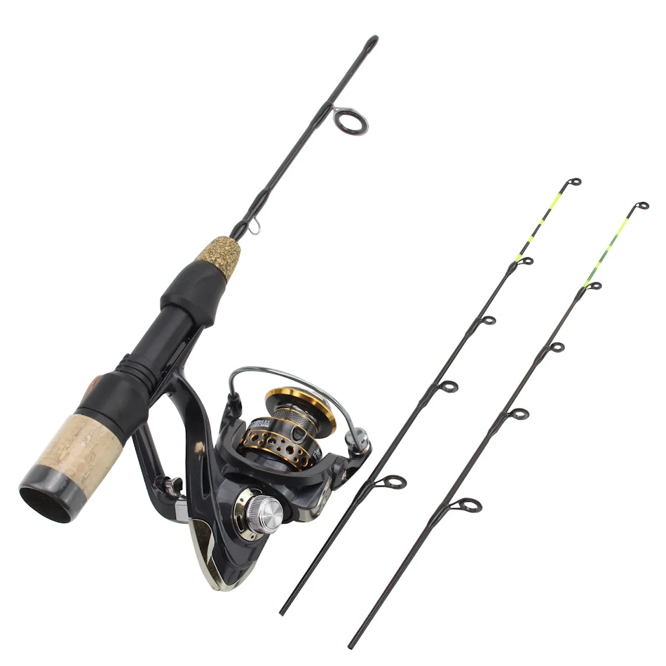 Kit de pesca no gelo com ponta dupla, carretilha de spinning e vara para pesca de inverno. Pesque com facilidade e eficiência.