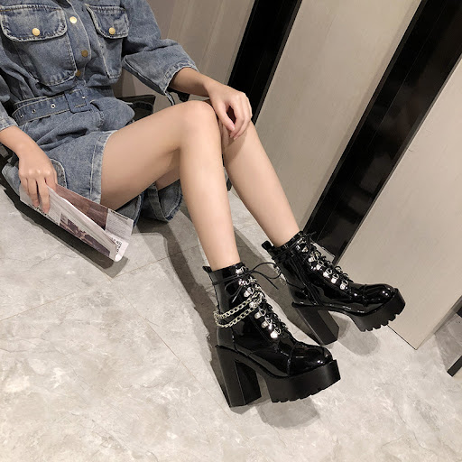 Title 3, Patent leather platform block heel Martin boots...